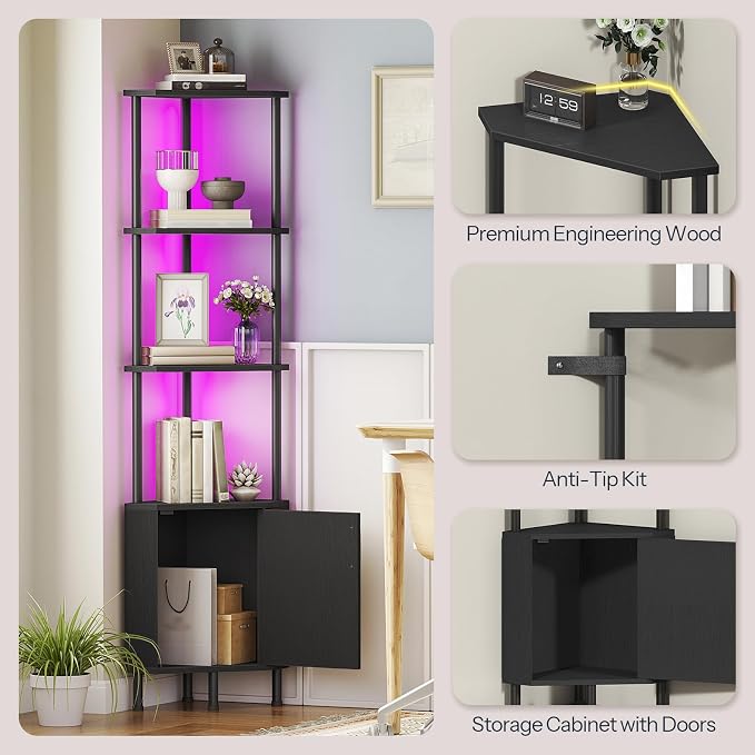 HOOBRO Corner Cabinet with LED Light, Corner Shelf Stand with Storage and Doors - Image 7