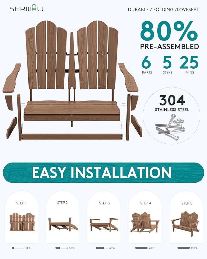 SERWALL 5 Pieces HDPE Patio Adirondack Chair Set, 2 Adirondack Chair - Image 4
