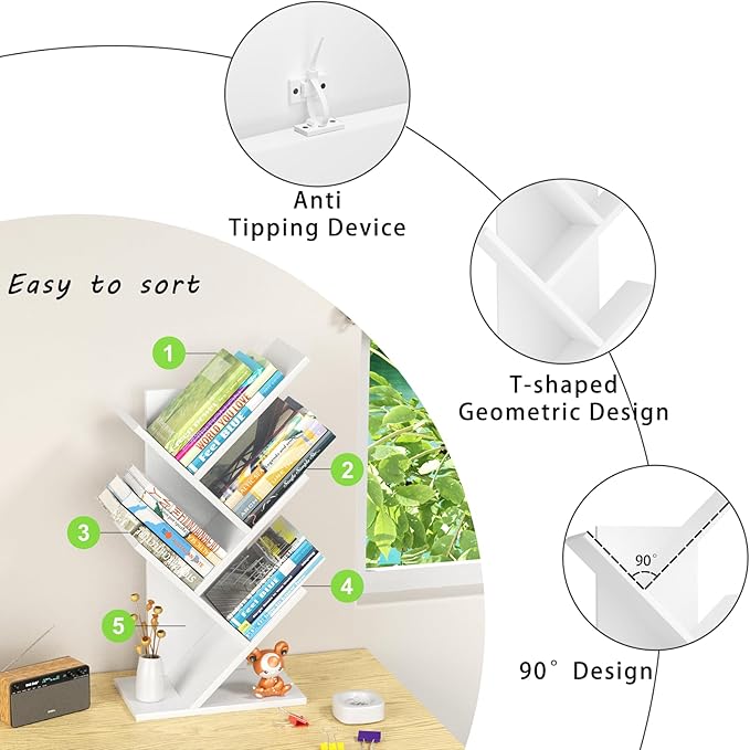 SHEEPAM 5 Tier Tree Book Shelf, Small Desktop Bookshelf - Image 6