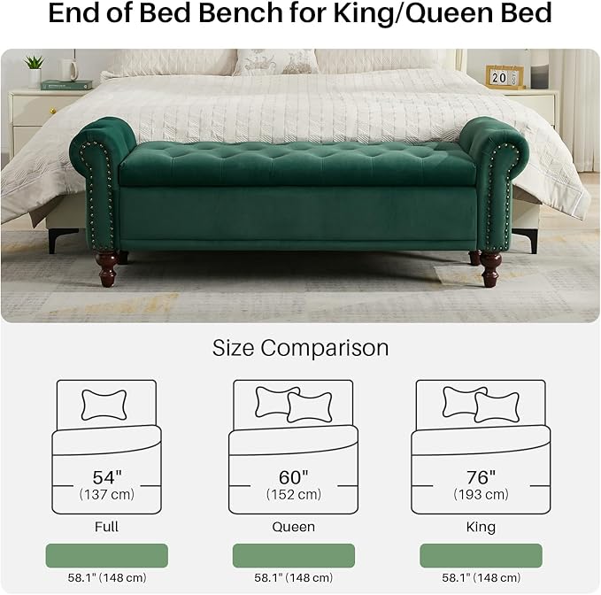 SOFTHION 58.1" Storage Bench Upholstered Velvet End of Bedroom Bed Bench Ottoman - Image 5