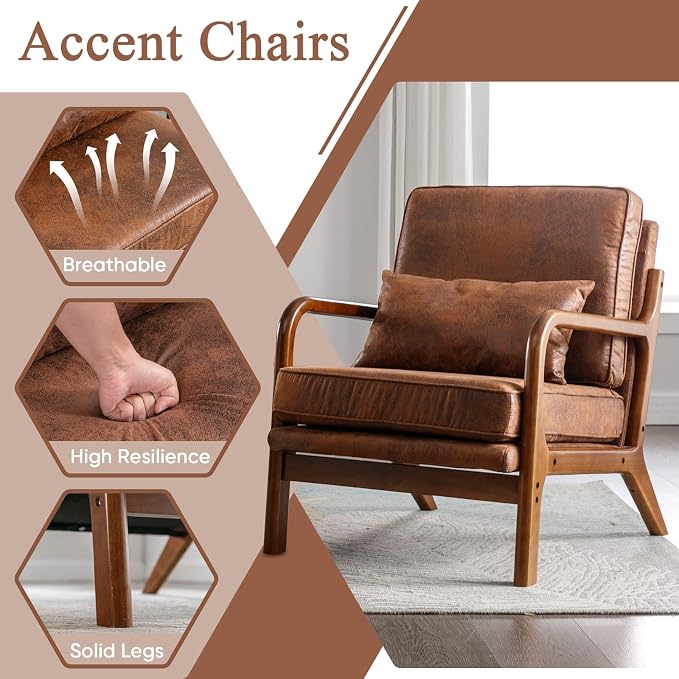 Mid Century Modern Accent Chair Set of 2 Living Room- Comfy Solid Wood Arm Chair - Image 9