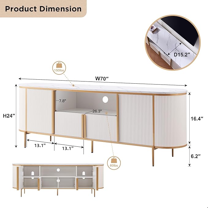OKD 70" Fluted TV Stand with Storage, Faux Marble Top Entertainment Center - Image 7