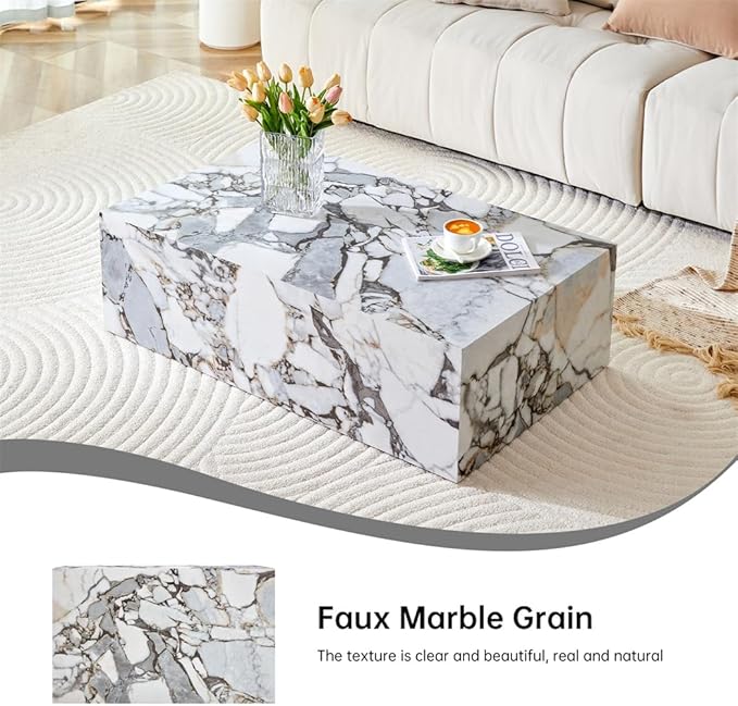 Faux Marble White Coffee Table, Rectangle MDF Living Room Table, Center Table - Image 6