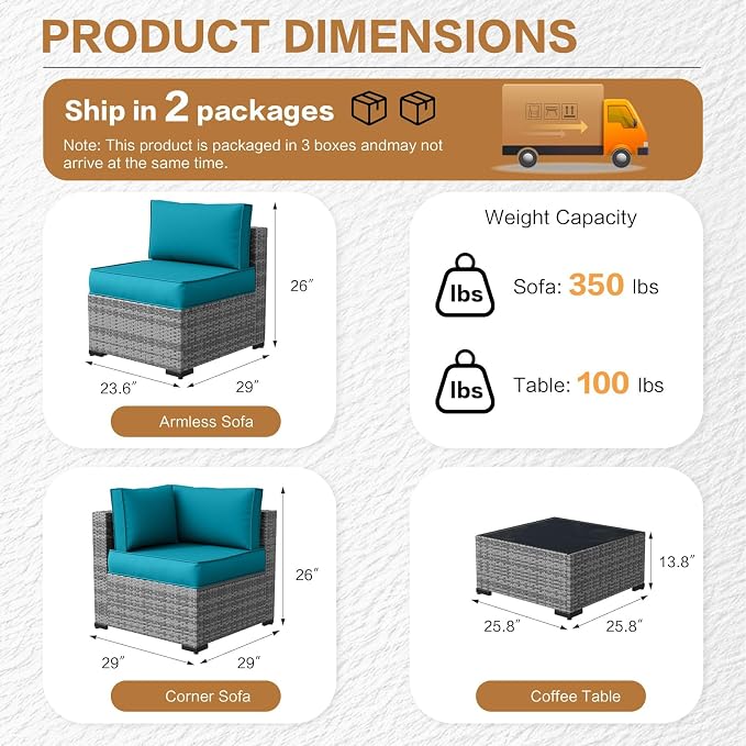 MOCHITO 5 Pieces Outdoor Patio Furniture Sets, All-Weather Sectional Sofa Grey - Image 5