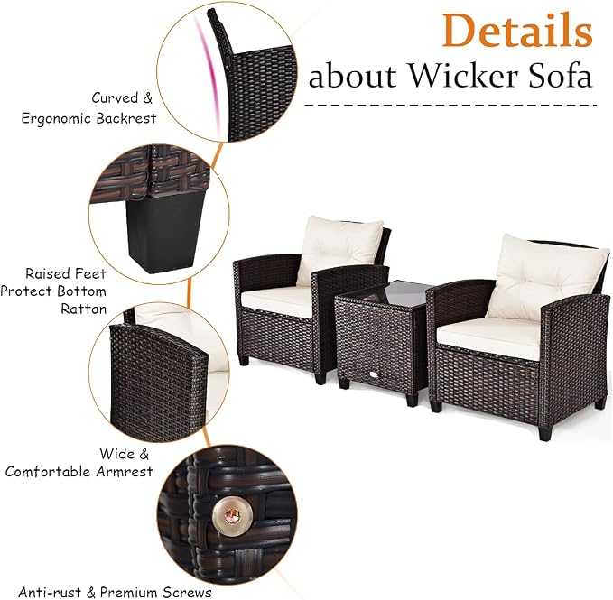 HAPPYGRILL 3 Pieces Patio Conversation Set, Outdoor Furniture Set PE Rattan - Image 7