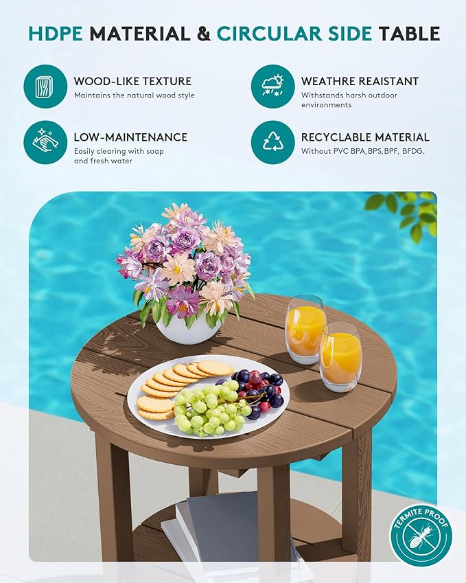 SERWALL Round Adirondack Side Table, 16.5" Double Outdoor Side Table, HDPE - Image 4