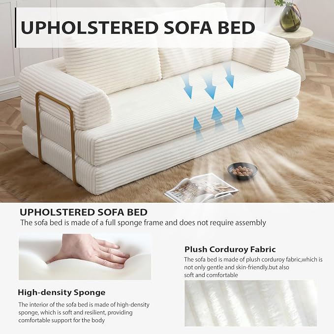 HANXIN 80 Inch Convertible Sleeper Sofa Bed, High Back Plush Corduroy Folding - Image 5