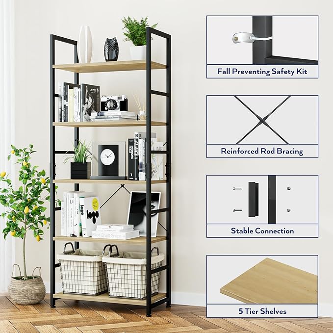 NUMENN 5 Tier Bookshelf, Tall Bookcase Shelf Storage Organizer, Modern Book - Image 5