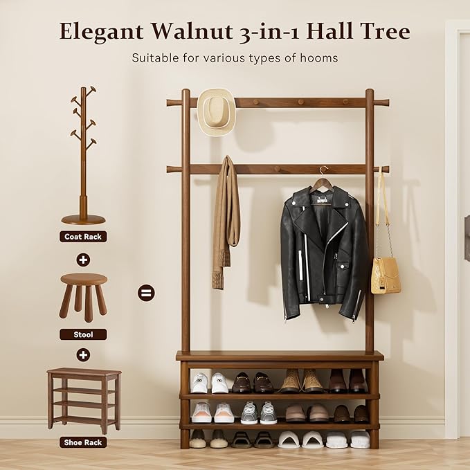 Hall Tree with Shoe Storage Bench, 3-in-1 Entryway Coat Rack with Bench - Image 3