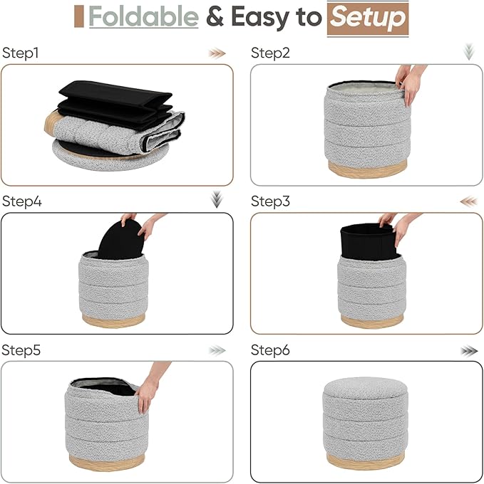 Round Storage Ottoman with Reversible Tray Lid, Folding Chenille Fabric - Image 7