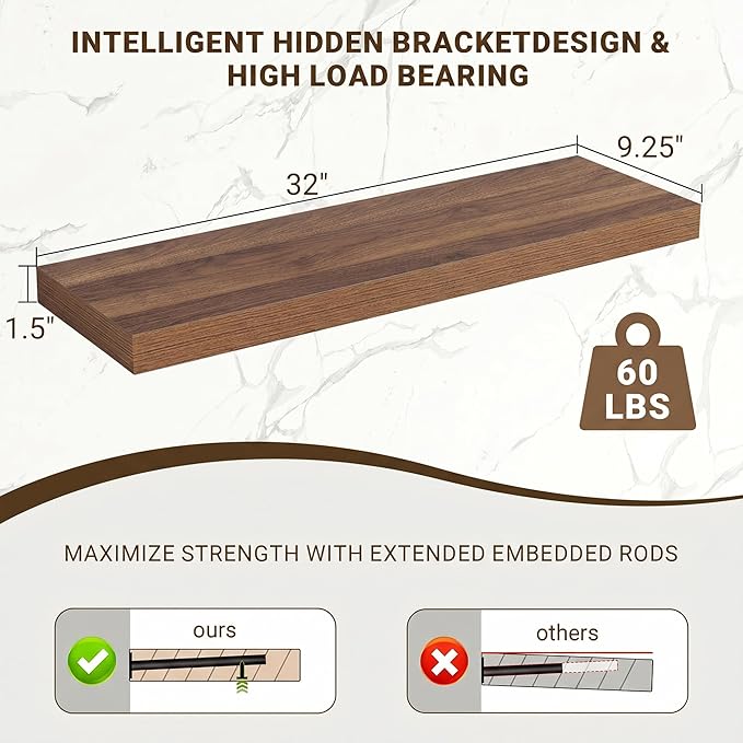 Acovy 32 Inch Floating Shelves, 3D Textured Wood Grain, Wooden Shelves - Image 3