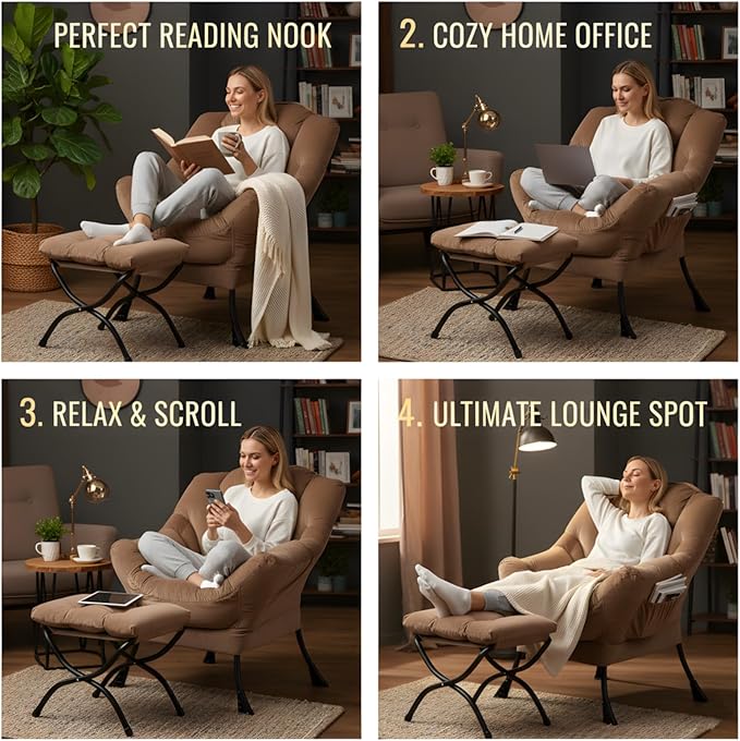 Tiita Lazy Chair with Ottoman, Khaki Modern Large Accent Chair, Comfy Leisure - Image 7