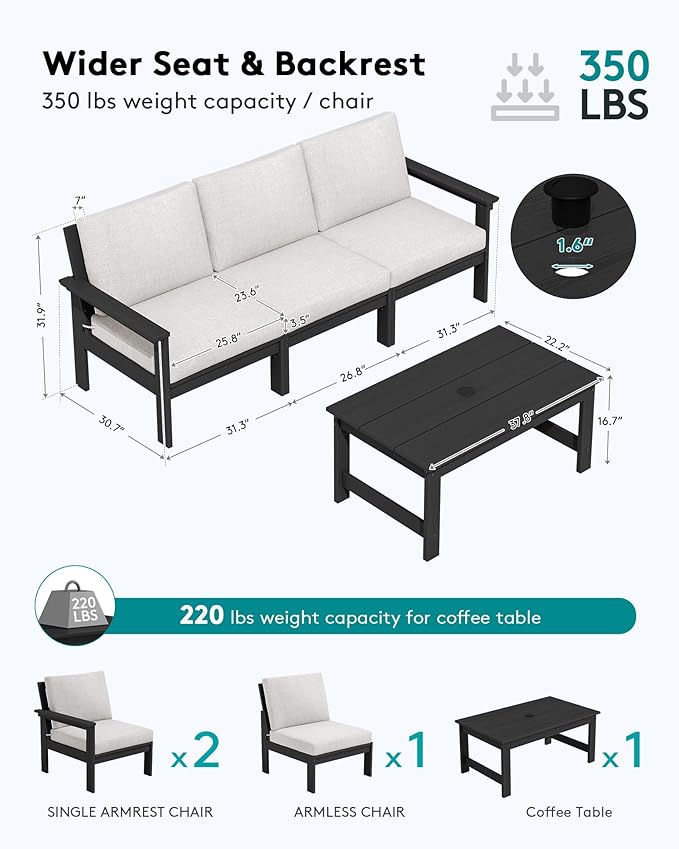 SERWALL HDPE Patio Sofa Set, 4-piece Sectional Outdoor Furniture Set, All - Image 2