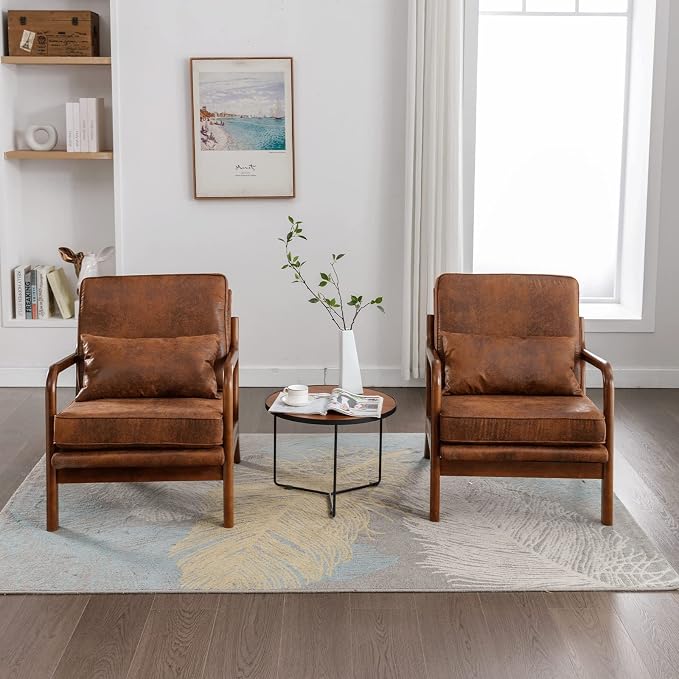 Mid Century Modern Accent Chair Set of 2 Living Room- Comfy Solid Wood Arm Chair - Image 8