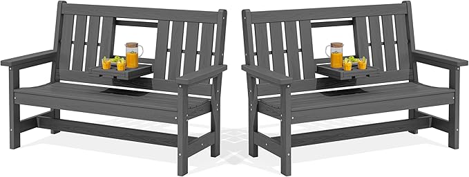 SERWALL Outdoor Bench with Cup Holder, Oversized 58" HDPE Porch Bench Suitable by SERWALL