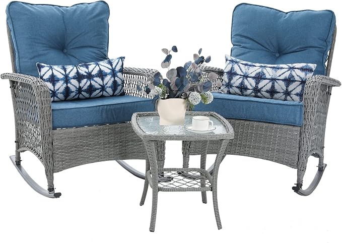 Patio Furniture Set 3 Pieces, Wicker Rocking Bistro Set by VonzoyHome