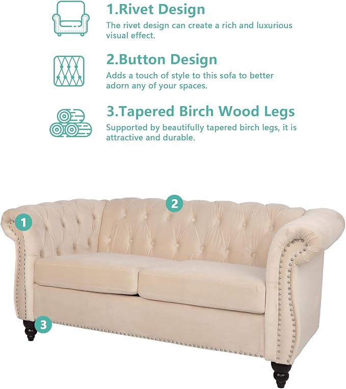 AVZEAR Chesterfield Loveseat, Modern Velvet Sofa Tufted Couch 2 Seater - Image 6