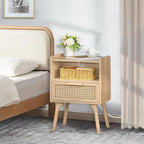 Lerliuo Rattan Nightstand with Charging Station, Boho Side Table with Drawer - Image 8