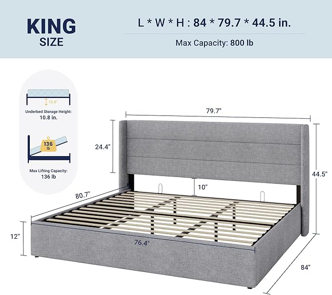Allewie King Size Lift Up Storage Bed, Modern Wingback Headboard, Hydraulic - Image 2