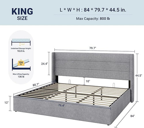Allewie King Size Lift Up Storage Bed, Modern Wingback Headboard, Hydraulic - Image 2