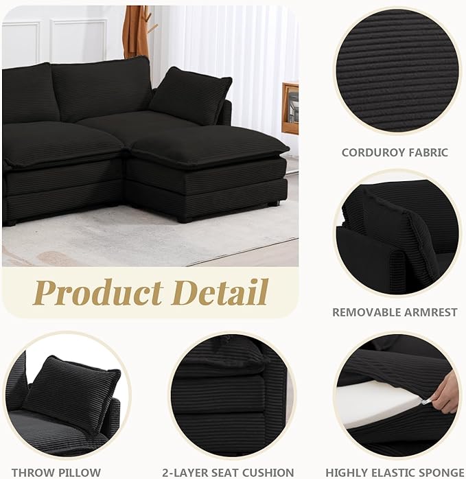 112'' Sectional Modular Cloud Couch, Oversized L Shaped 3 Seat Sofa - Image 5