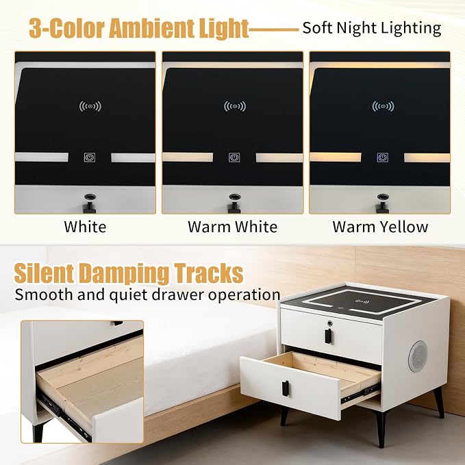 Smart Nightstand with Charging Station, Adjustable LED, USB Ports, Fingerprint - Image 5