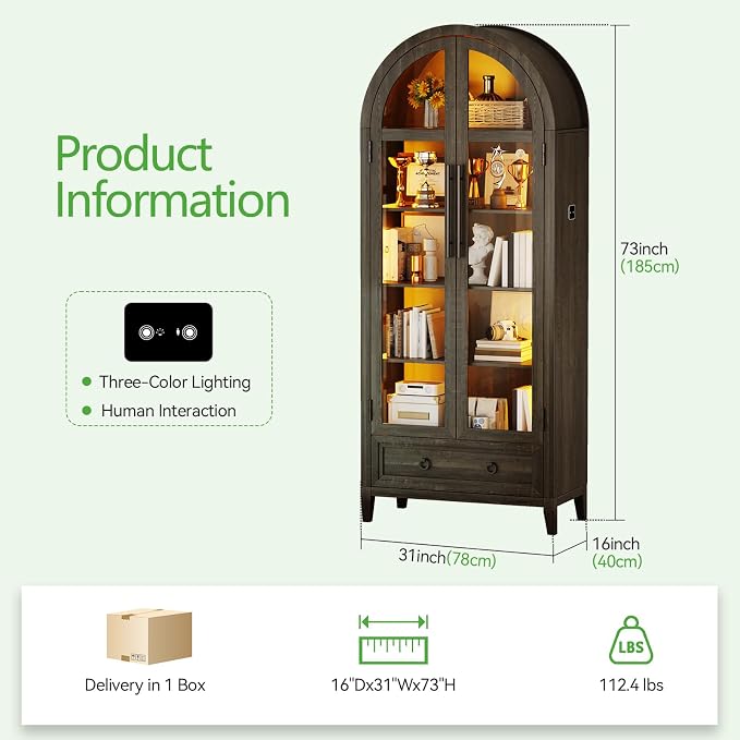 HNEBC Book Shelf with LED Lights, Arched Display Case with Storage Cabinet - Image 2