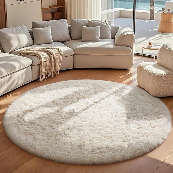 Ophanie Round Rugs 7Ft Ivory Circle Area Rug, Aesthetic Room Decor, Fluffy - Image 3