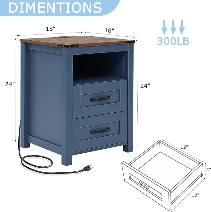 Blue Night Stand Set of 2, Rustic End Table - Image 3