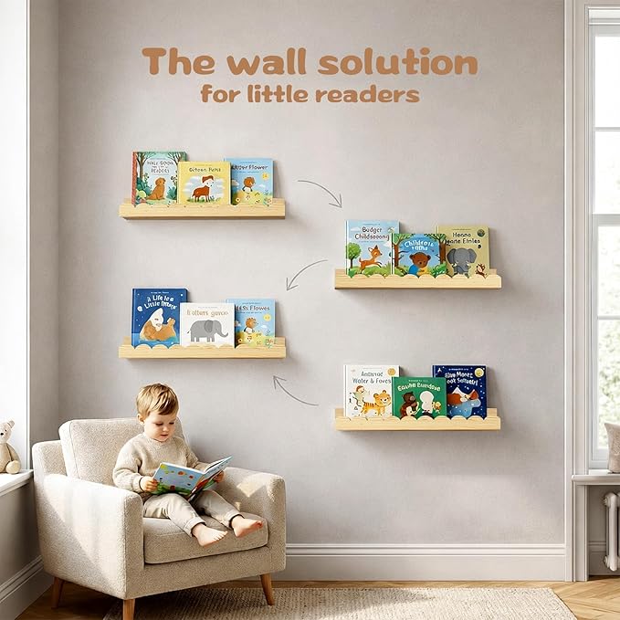 Nursery Floating Shelves for Kids Room, 4 Pack 15.7 Inch Natural Wood Wall - Image 5