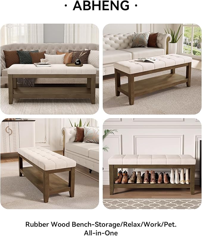 ABHENG Solid Rubber Wood Shoe Bench, Soft Chenille Material Upholstered Seat - Image 7