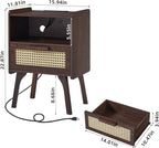 Lerliuo Rattan Nightstand with Charging Station, Walnut Bedside Table with - Image 3