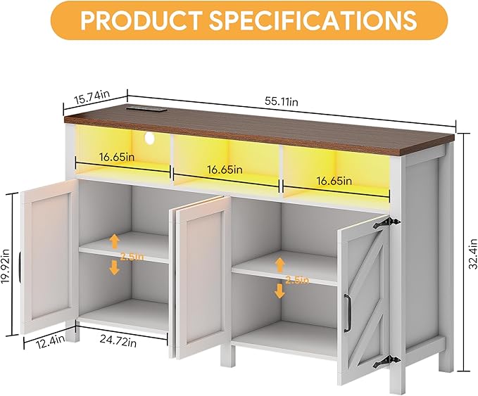 knoworld Buffet Sideboard with Storage with Power Outlets & LED Light 4 Doors - Image 2