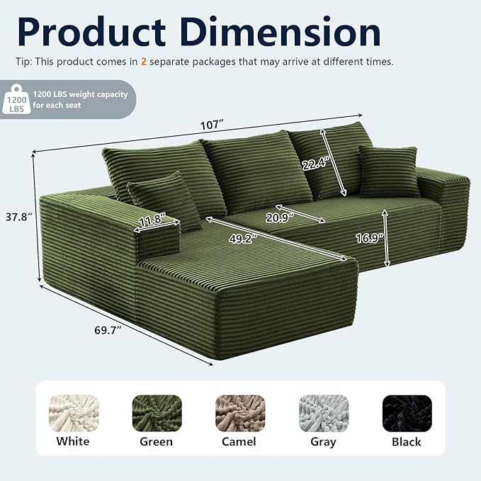 108” Cloud Sectional Couch, Boneless Sofa - Image 2