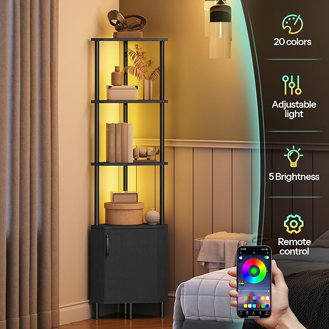 HOOBRO Corner Cabinet with LED Light, Corner Shelf Stand with Storage and Doors - Image 6