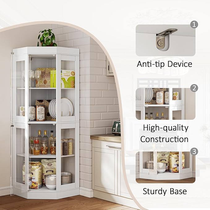 70''H Tall Corner Cabinet with Glass Doors, Farmhouse Storage Cabinet with 4 - Image 3