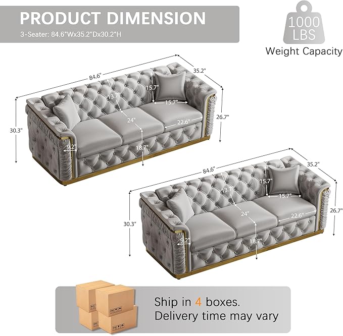 Luxury Chesterfield Sofa Set of 2, Velvet Tufted Couch Victorian Black and Gold - Image 2