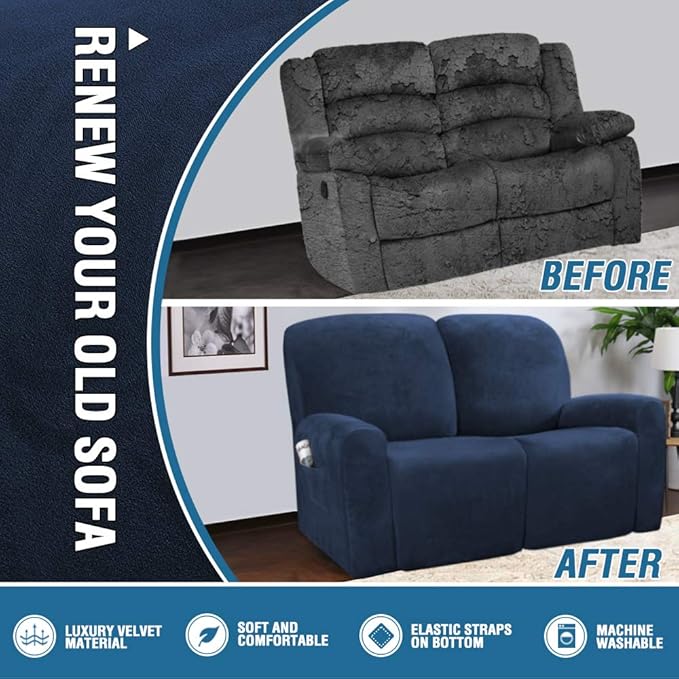 H.VERSAILTEX Velvet Stretch Recliner Couch Covers 6-Pieces Recliner Loveseat - Image 5