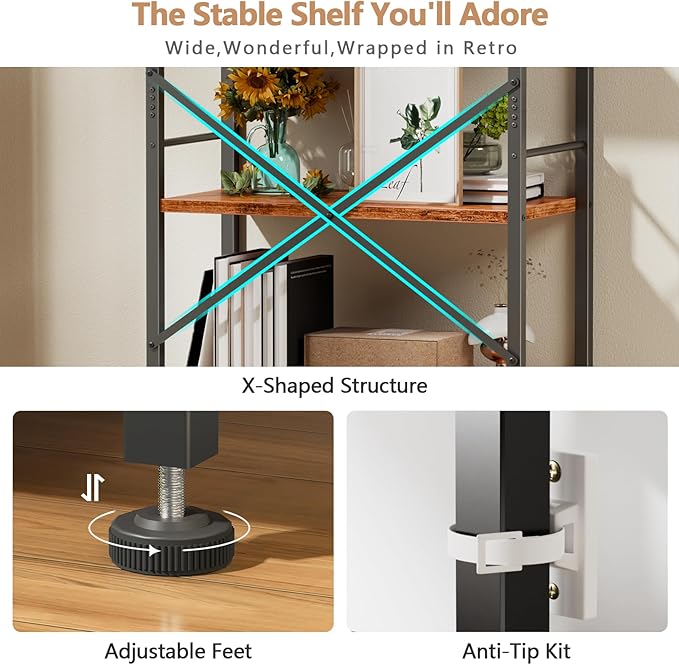 Furologee 5 Tier Book Shelf Set of 2, Tall Wide Bookshelf, Industrial Open - Image 4