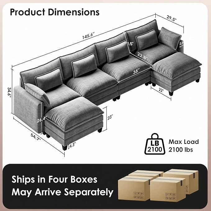 Marsail Modular Sectional Sofa 145.6" U-Shaped Modern Comfy Cloud Couch - Image 2