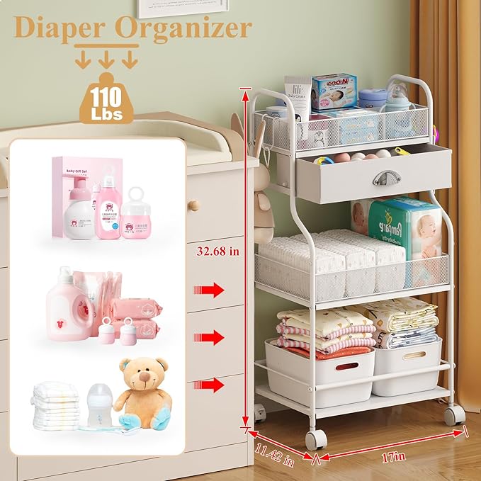 Baby Diaper Caddy Cart Organizer -3 Tier, Bedside Nursery Essentials Organizer - Image 2