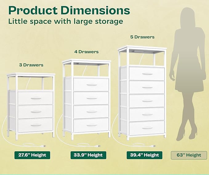 Huuger White Dresser with 5 Drawers & Charging Station, Tall Dresser - Image 5