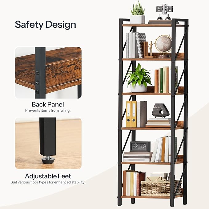 HOOBRO Bookshelf, 6-Tier Industrial Bookcase, Book Shelf Storage Organizer - Image 5