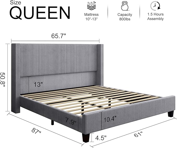 HOWE Queen Size Bed Frame with 50.8" Tall Wingback Headboard, Modern Corduroy - Image 2