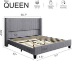 HOWE Queen Size Bed Frame with 50.8" Tall Wingback Headboard, Modern Corduroy - Image 2