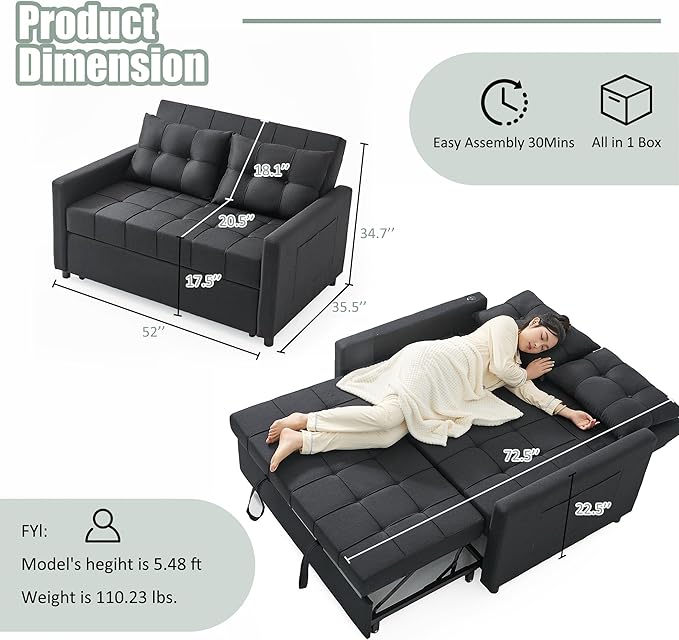 GOSUHI 52" Sleeper Sofa with Pull-Out Bed, 3-in-1 Convertible Sofa Bed - Image 2