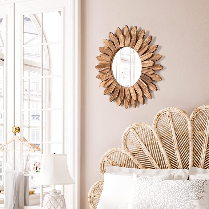 Emfogo Wall Mirror 12 inch Rustic Wood Sunburst Boho Mirror Wall Decor Home - Image 2