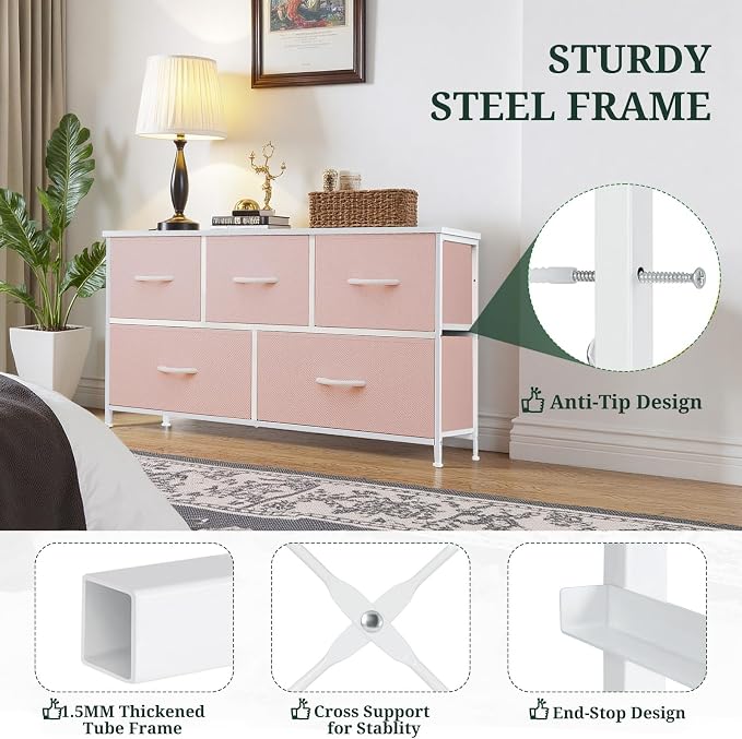 5-Drawer Dresser for Bedroom, Anti-Tip Wide Storage Organizer Fabric Chest of - Image 4