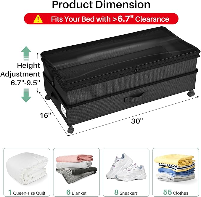 Kitstorack 2Pack Height-adjustable Under Bed Storage - Image 2