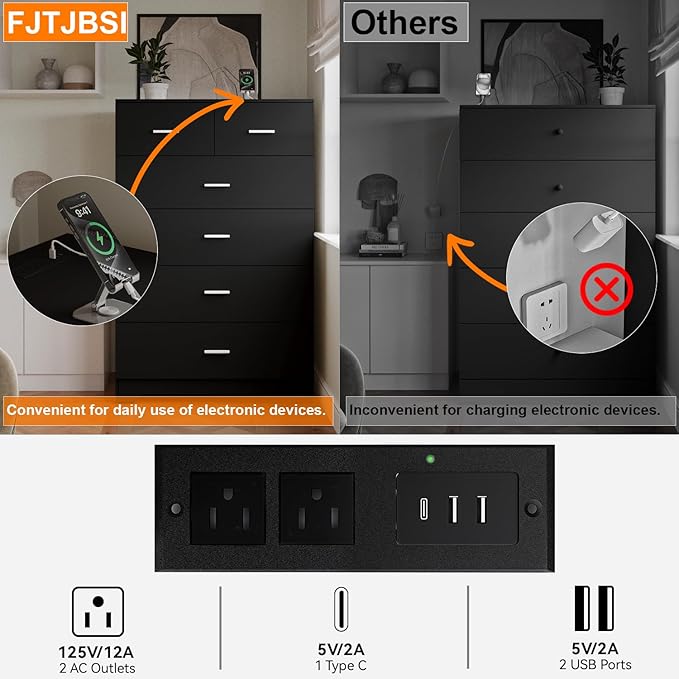 FJTJBSI Dresser with Power Outlets Wooden 6 Drawer Dresser with Large Organizer - Image 5